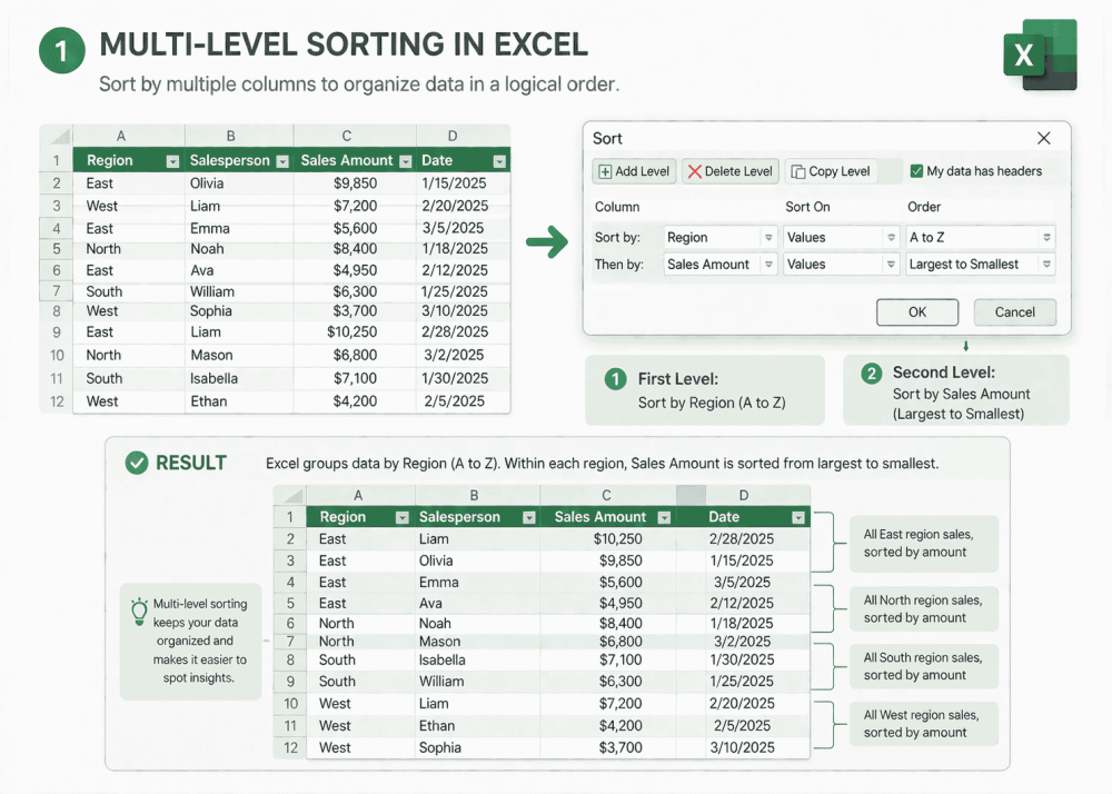 Excel sorting by multiple columns to organise data in a logical order