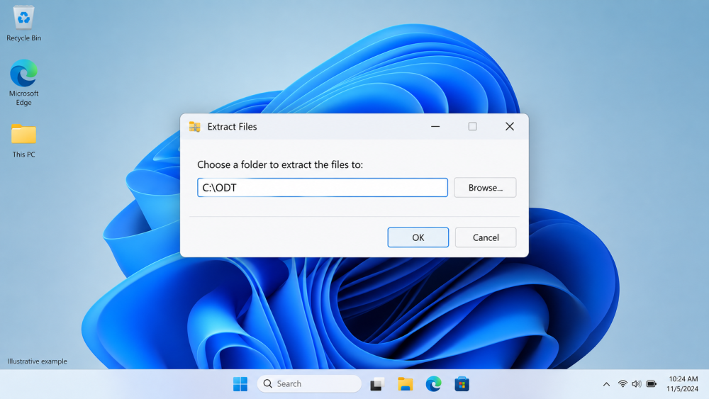 Office Deployment Tool extraction window showing C:\ODT as the selected destination folder