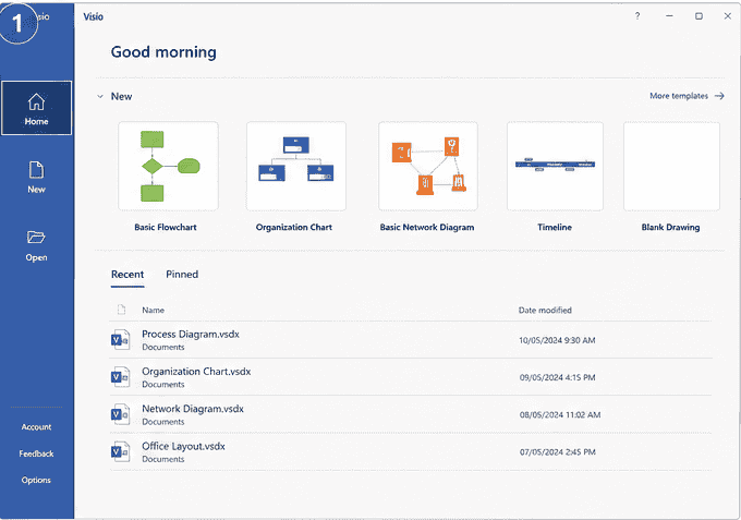 visio 2024 start screen of different templates