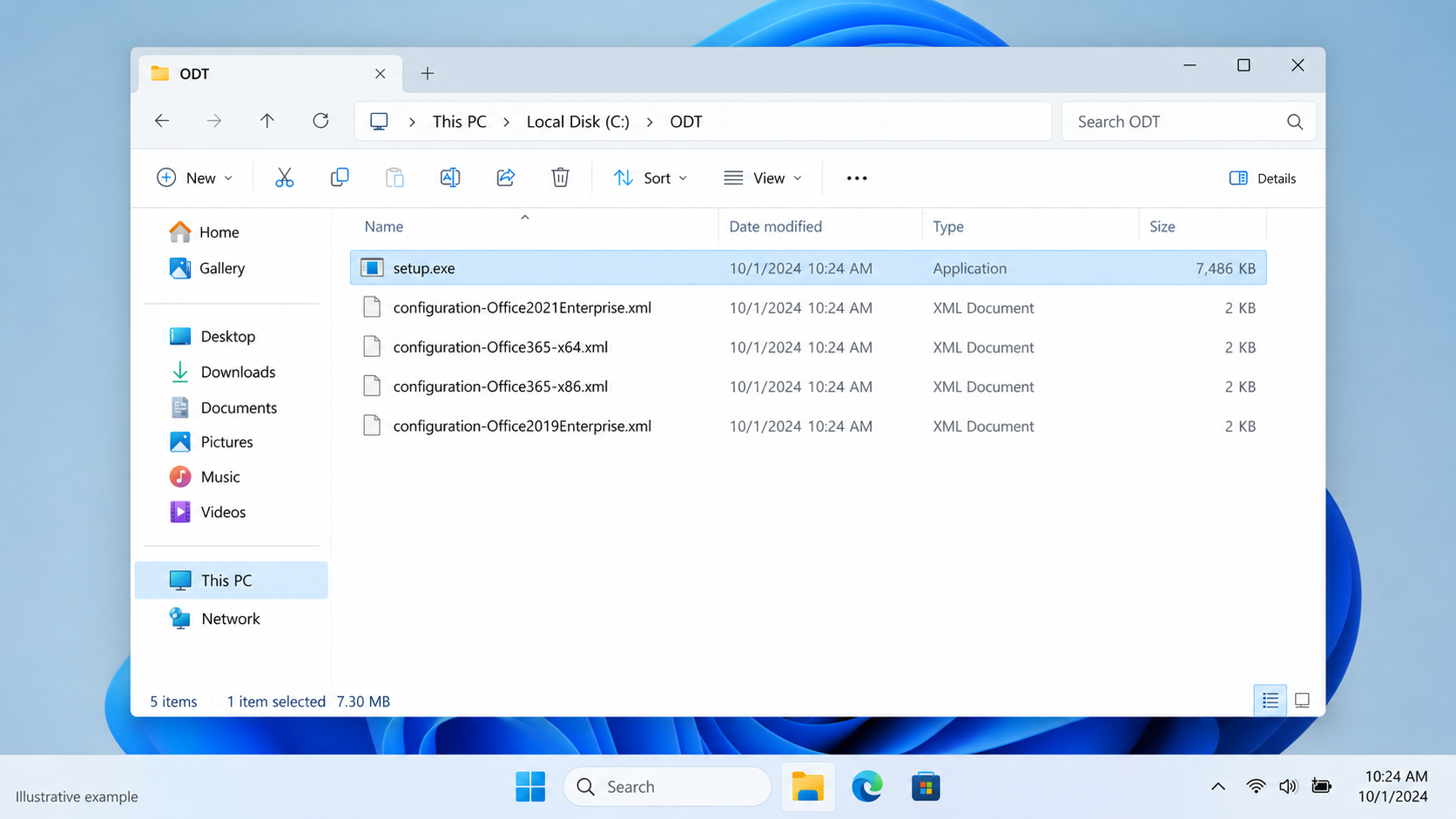 Windows File Explorer showing the C:\ODT folder with setup.exe and Office Deployment Tool XML files
