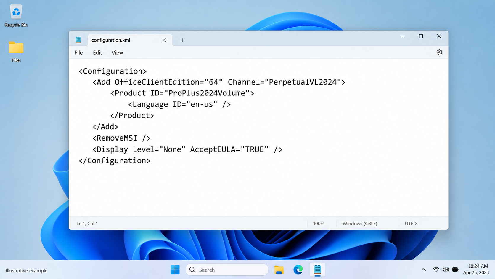 Notepad showing a configuration.xml file for 64-bit Office LTSC Professional Plus 2024