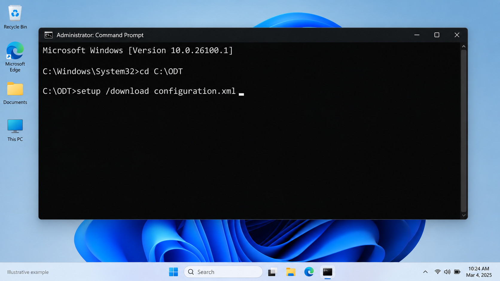 Administrator Command Prompt showing the commands cd C:\ODT and setup slash download configuration.xml