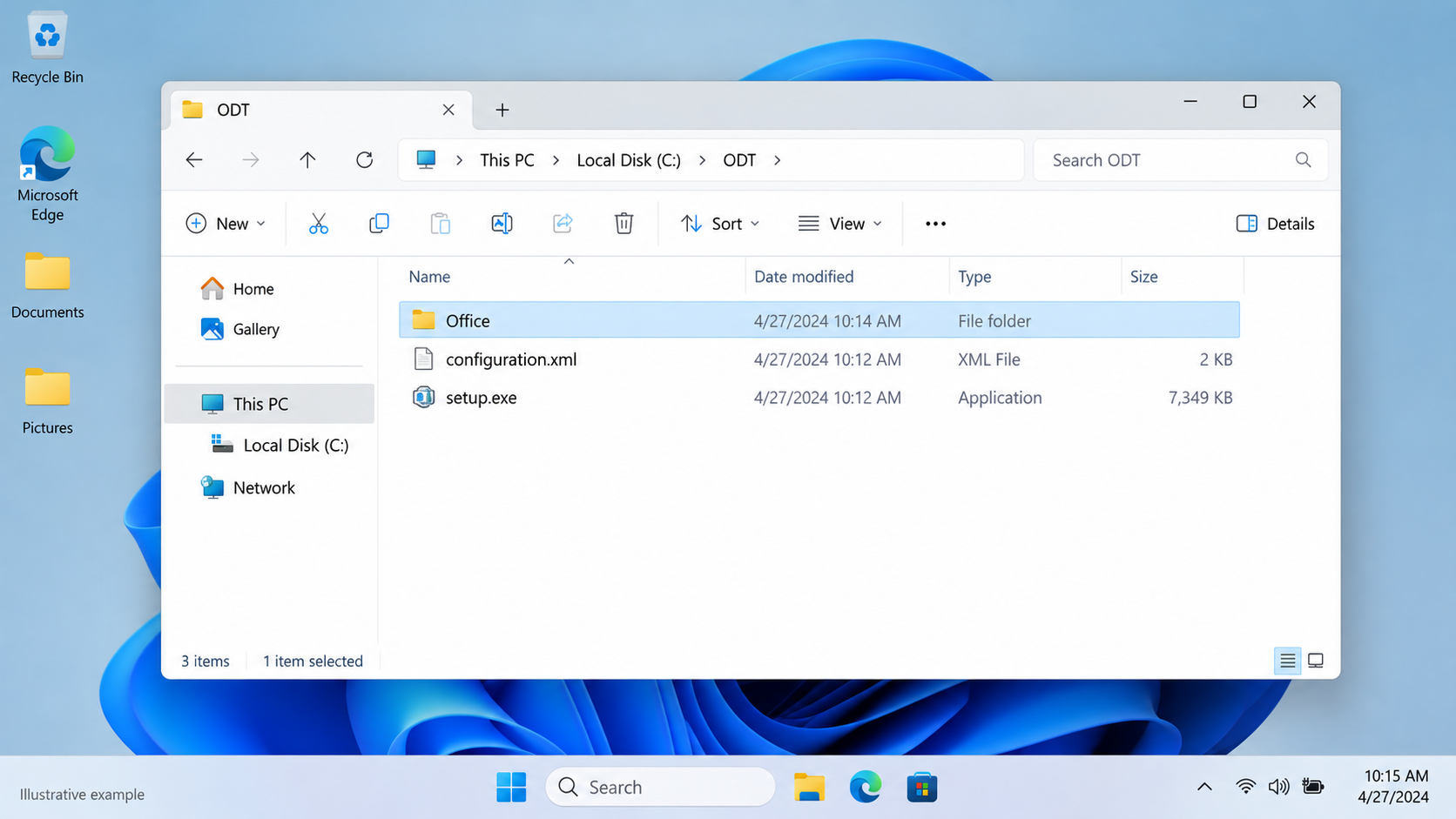 Windows File Explorer showing an Office folder created in C:\ODT after Office LTSC 2024 installation files have downloaded