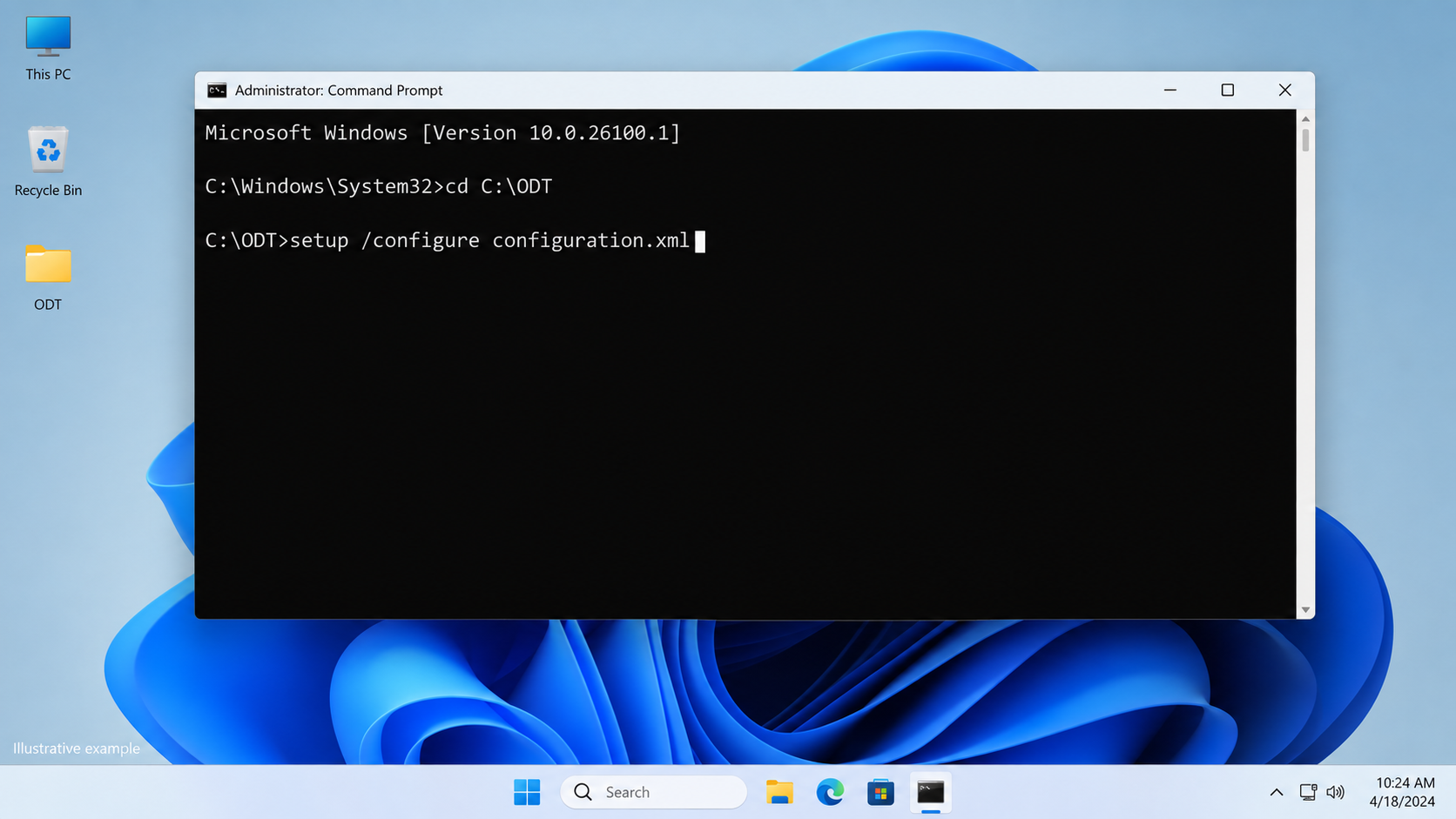 Administrator Command Prompt showing the command setup slash configure configuration.xml to install Office LTSC 2024