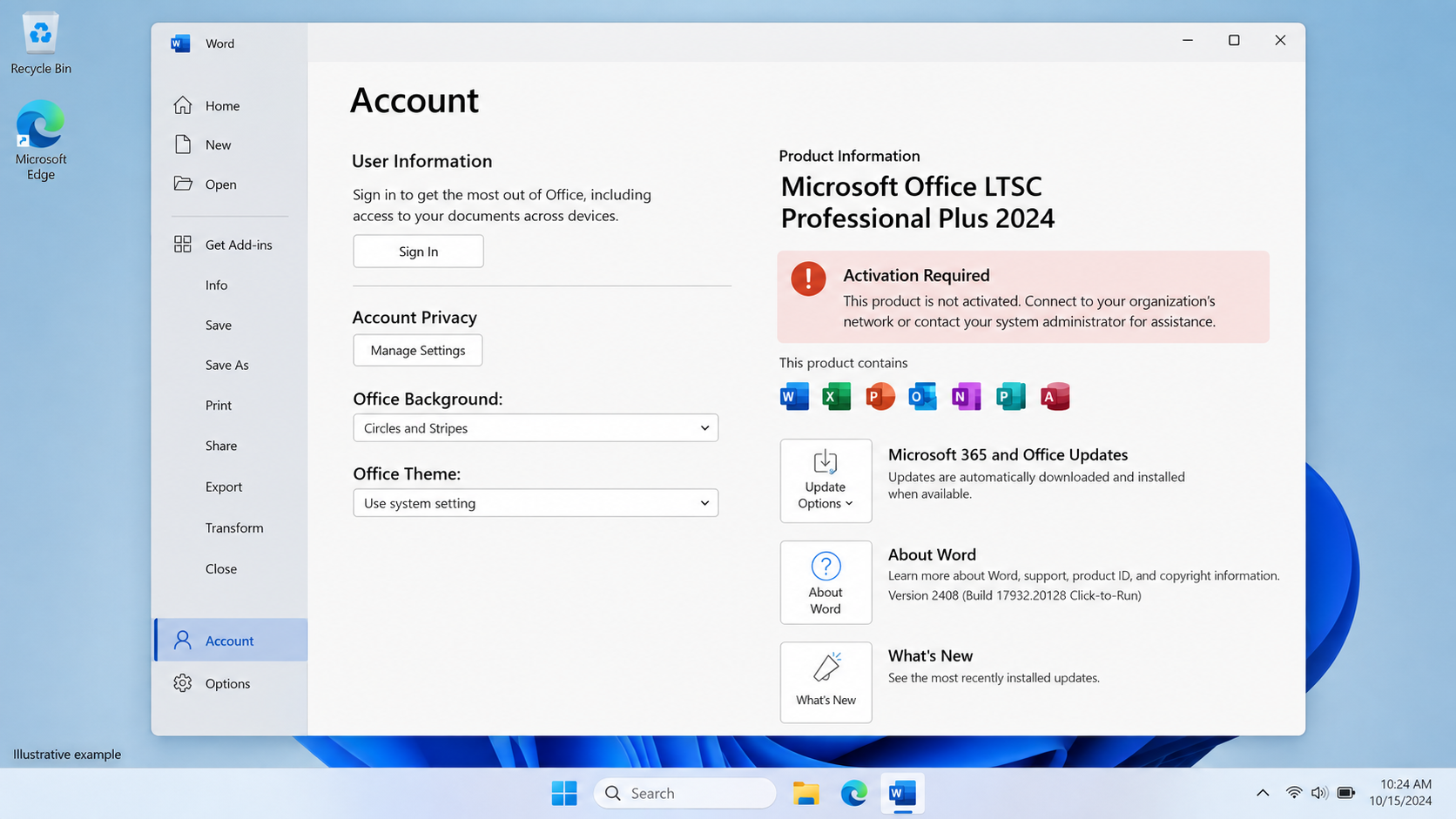 Microsoft Word Account page showing Office LTSC Professional Plus 2024 installed and ready for activation