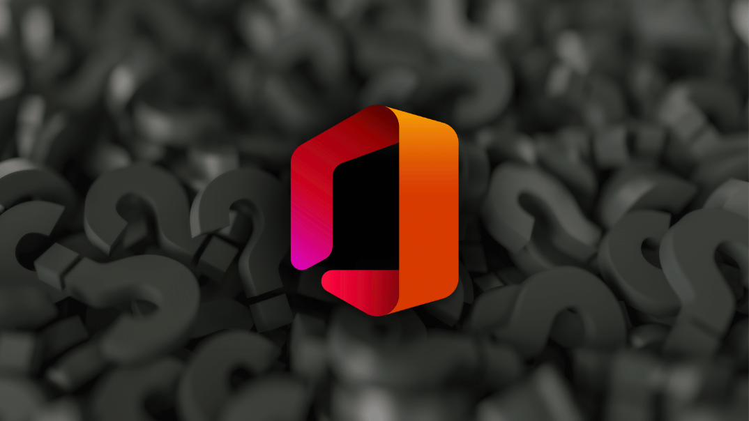 Microsoft Office logo in vibrant red and orange hues, set against a blurred background filled with dark gray question marks